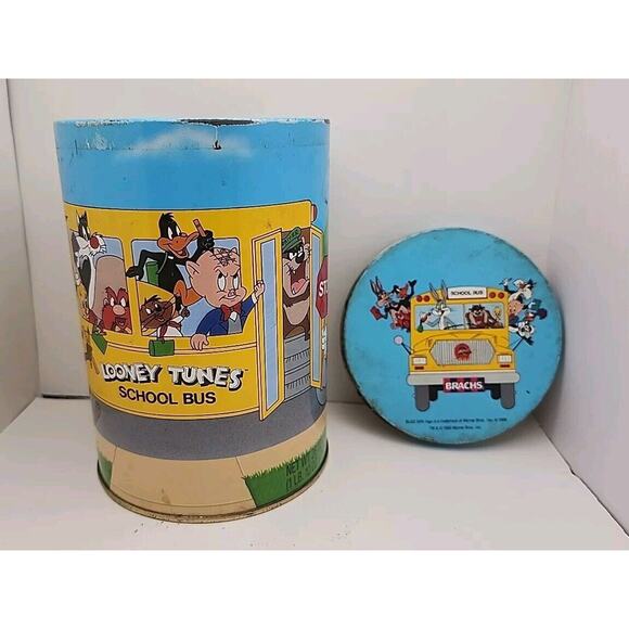 Vintage Brachs Looney Tunes School Bus Metal Tin Can w Lid 1990 Warner Bros Inc - Picture 1 of 8